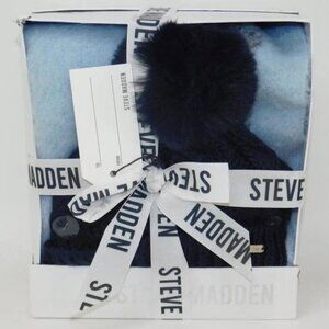 Steve Madden Women's 2-Pc. Pom Beanie & Pop Color Lofty Scarf Set Blue NWT